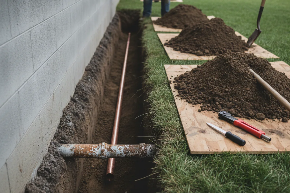 Excavated water line trench during Water Softener Installation in Jasper